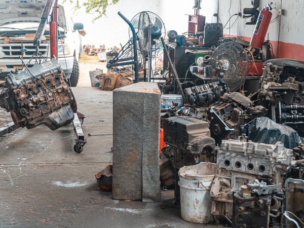 Auto workshop displaying a collection of engine
